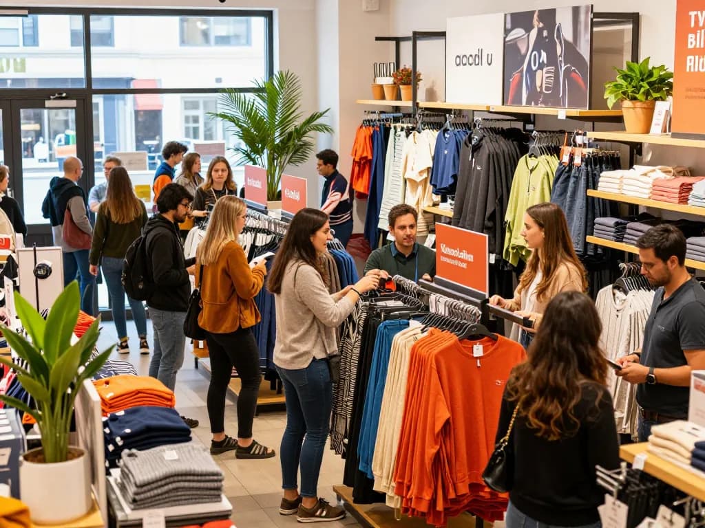 Shoppers exploring vibrant products at urban retail store, engaging with staff, tied to https://forumup.org/shop/search.php?ca_id=&addr1=&addr2=&addr3=&schKeyword= in an inviting setting.