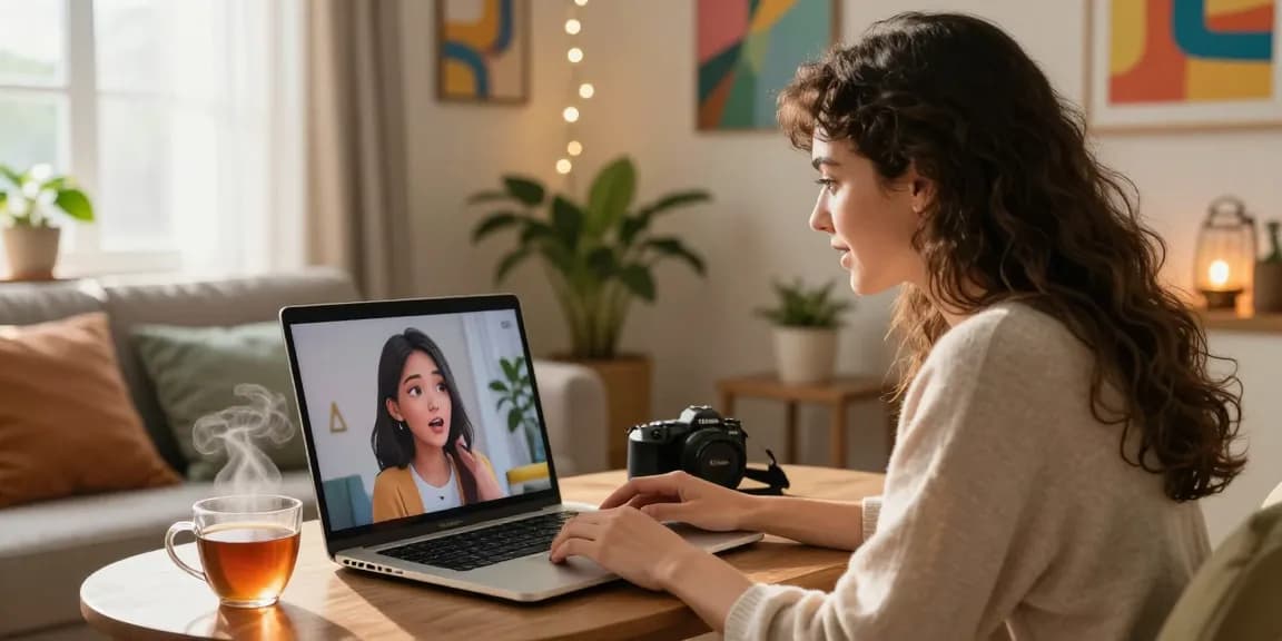 Engaging conversation with an AI girlfriend in a cozy living room setting