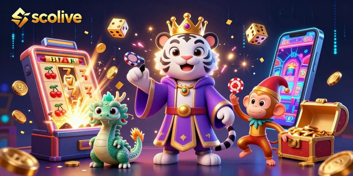 Socolive offers thrilling gaming with a vibrant scene featuring a white tiger, monkey, and dragon enjoying a casino atmosphere.