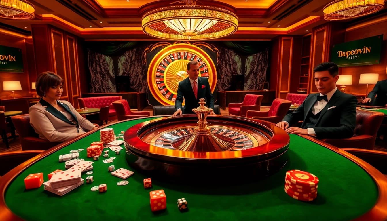 Topvin casino scene featuring players at a vibrant gaming table with cards and chips.