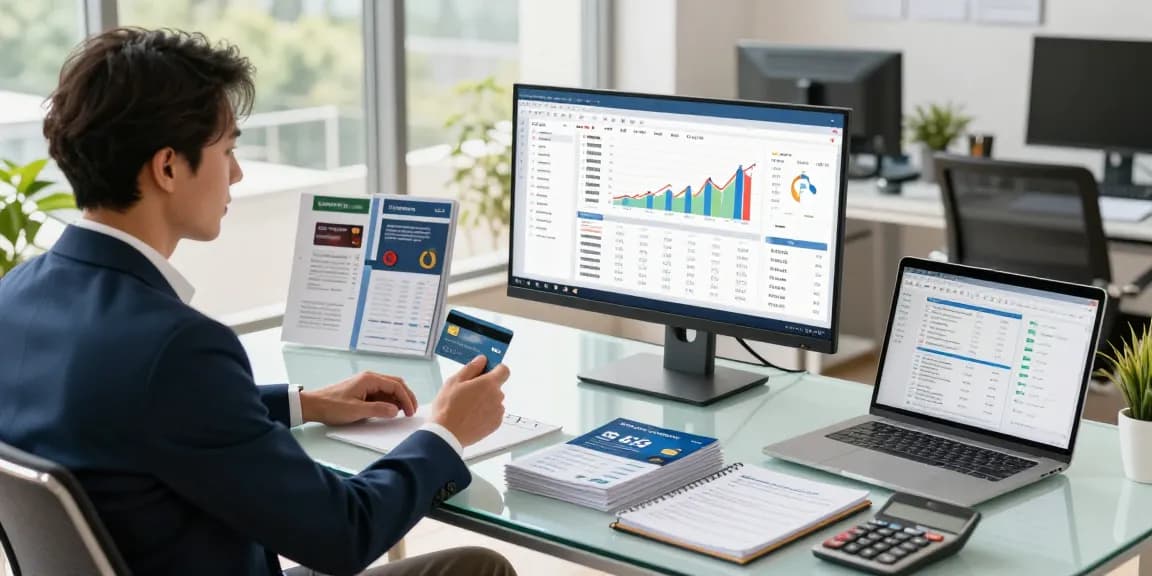 Professional financial advisor analyzing 신용카드현금화 trends in a modern office.