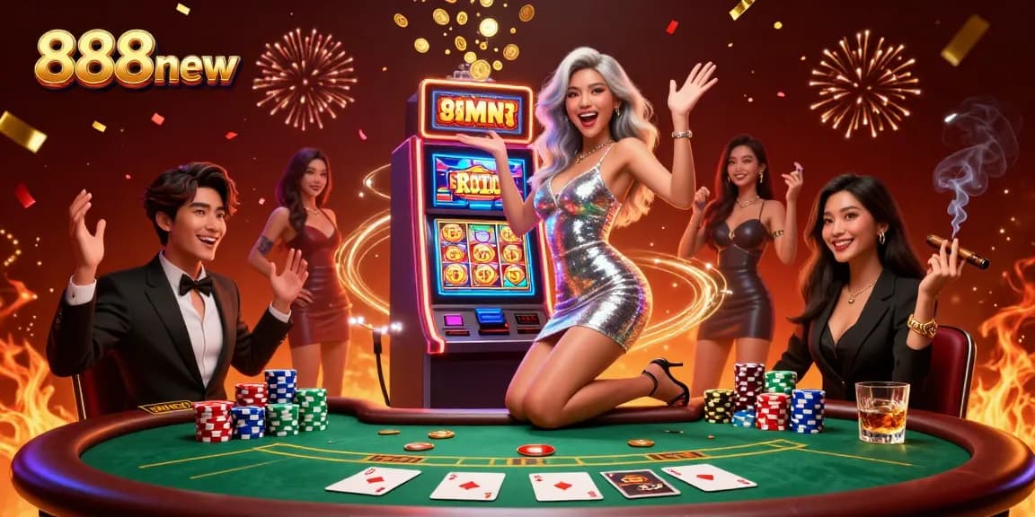 Experience the excitement at 888new with vibrant casino graphics and a celebratory atmosphere.