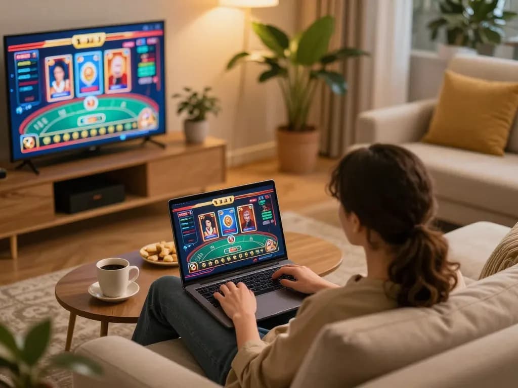 Player enjoying okwin68 online casino games at home with engaging visuals and cozy setup