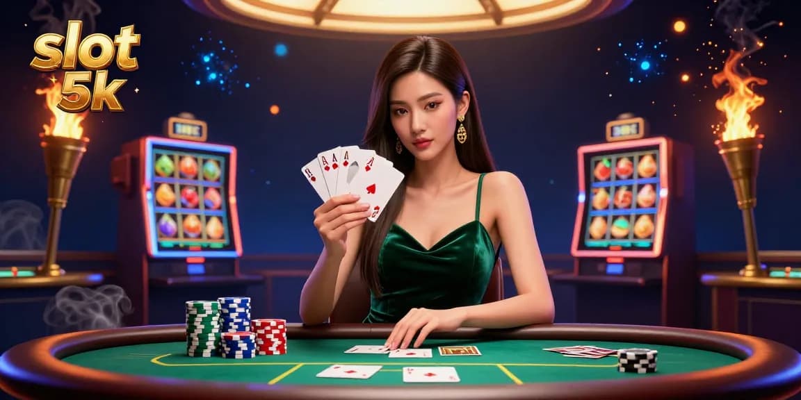 Experience slot 5k action with a stunning Asian woman at a poker table, showcasing strategy and excitement.