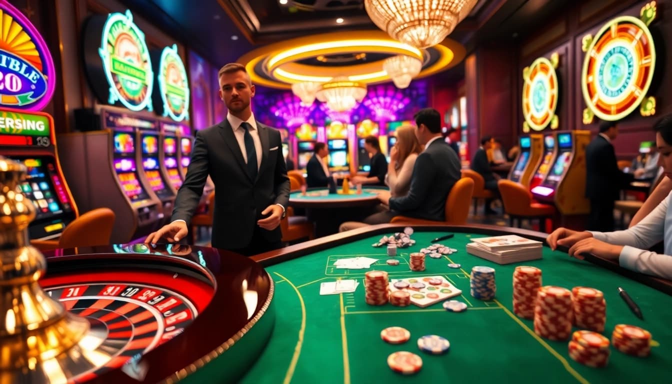 Experience the thrill of mg188 at a luxurious casino featuring a roulette table, vibrant slot machines, and professional dealers.