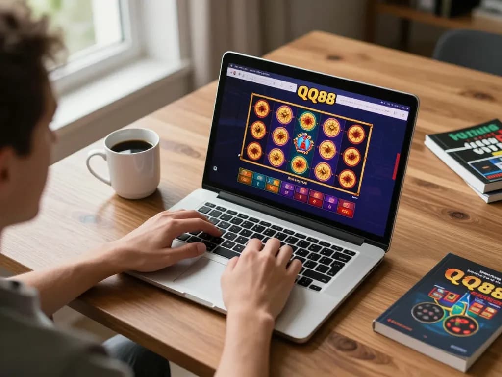 Engaging online gaming session on QQ88 with vibrant slots displayed on laptop screen
