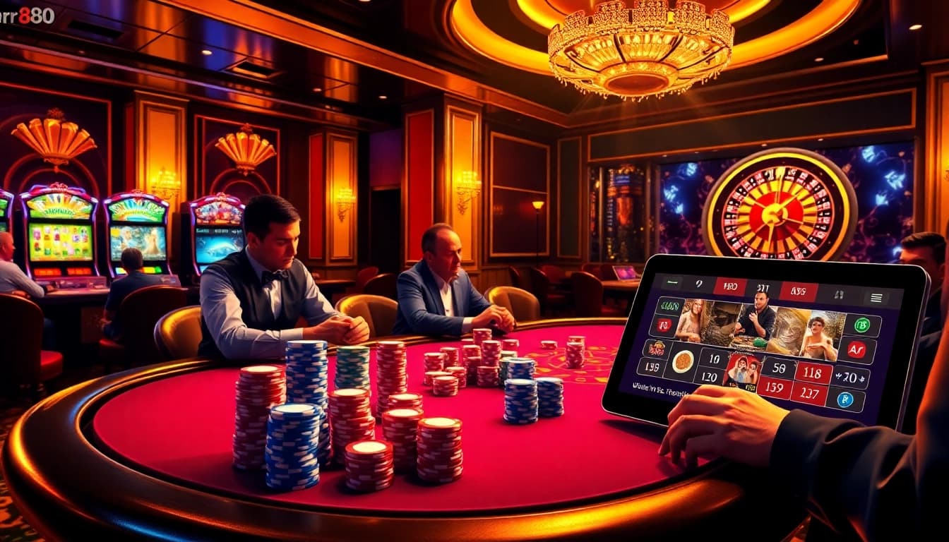 Exciting gameplay at a poker table showcasing https://rr88co.net/ with vibrant chips and a roulette backdrop.