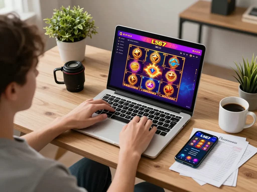 Engaging with L567 casino platform on a laptop, showcasing exciting online slot games in a cozy atmosphere.