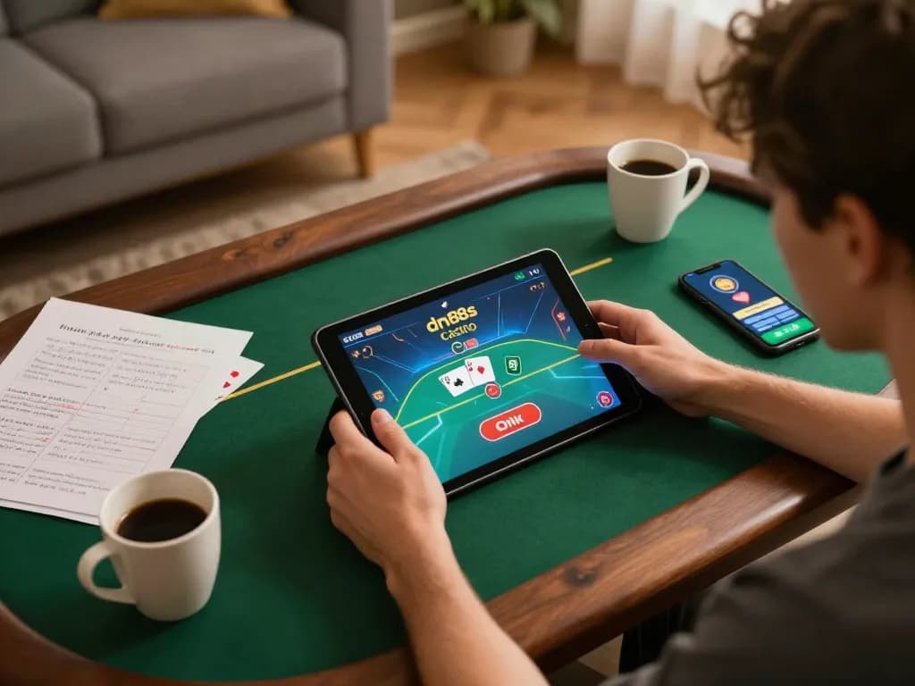 Engaging in an exciting online poker game at dn88s on a tablet with betting notes.