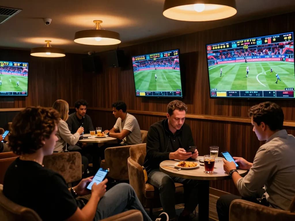 Engaged bettors using keonhacai app in a stylish sports betting lounge, dynamic atmosphere.