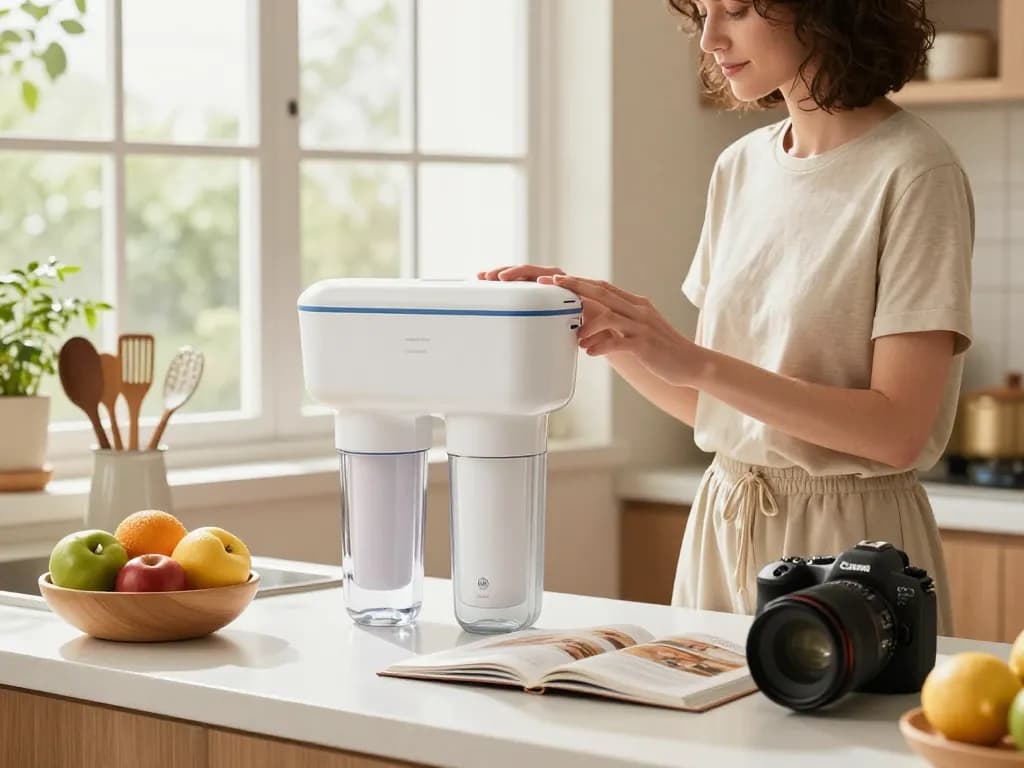 Person checking Overbest OB6013 Replacement for GE® MWF® water filter in cozy kitchen setting.