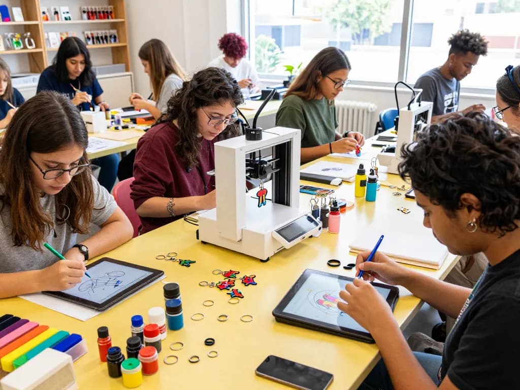 Creative workspace scene featuring artists designing keychain custom products with vibrant colors and materials.