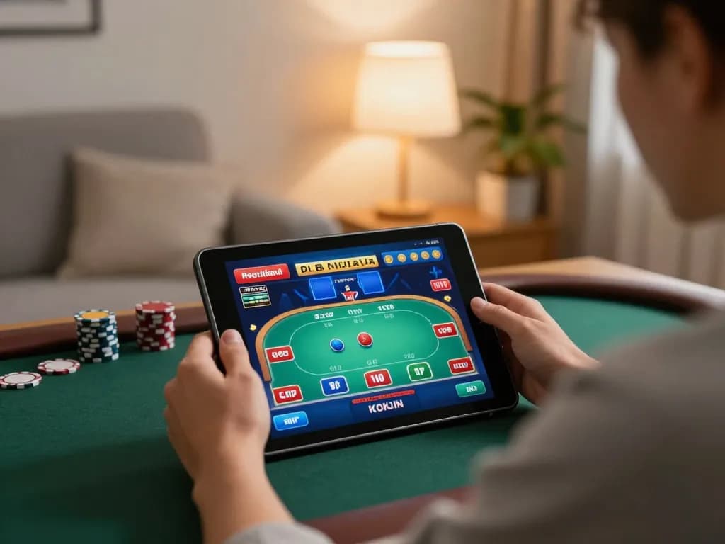Engaging in responsible online gaming at home with go8s poker interface on tablet.