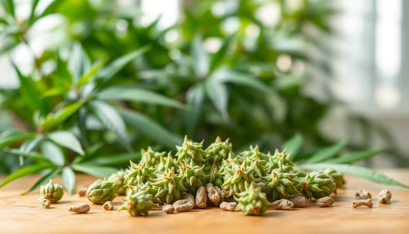 Pequeños brotes de CBD, resaltando su frescura y calidad en un entorno natural.