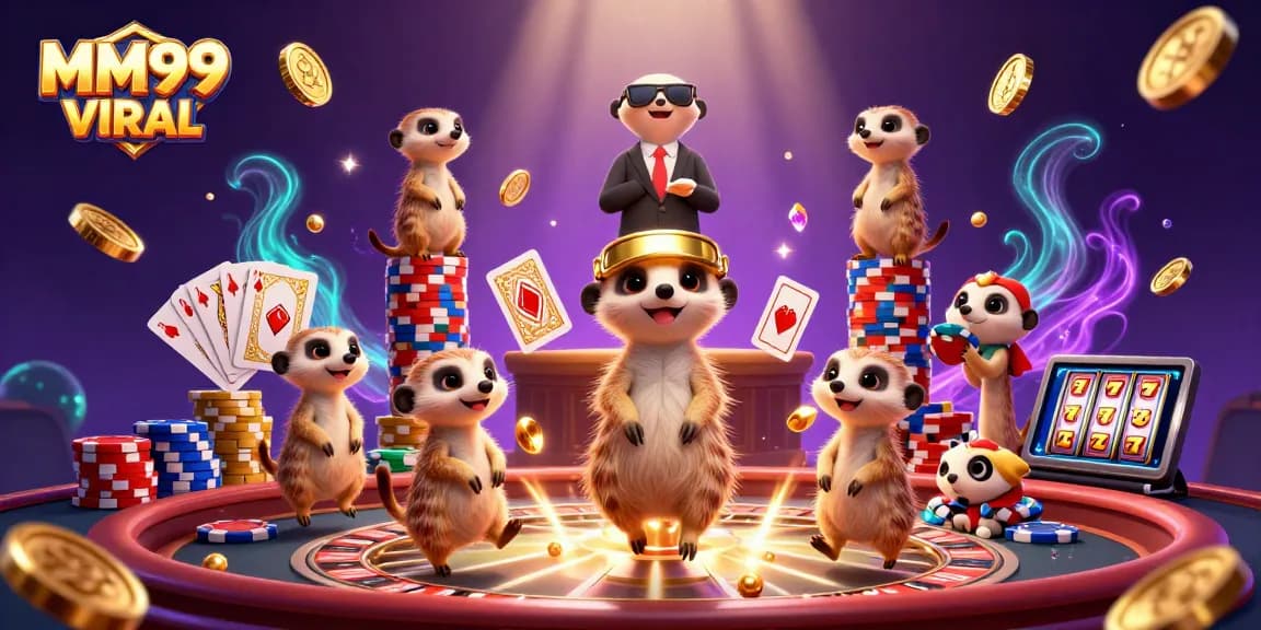 Engaging scene of meerkats running an MM99 VIRAL casino with vibrant gaming elements