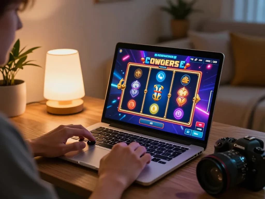 Player enjoying a thrilling fly88 slot game experience on laptop at home.