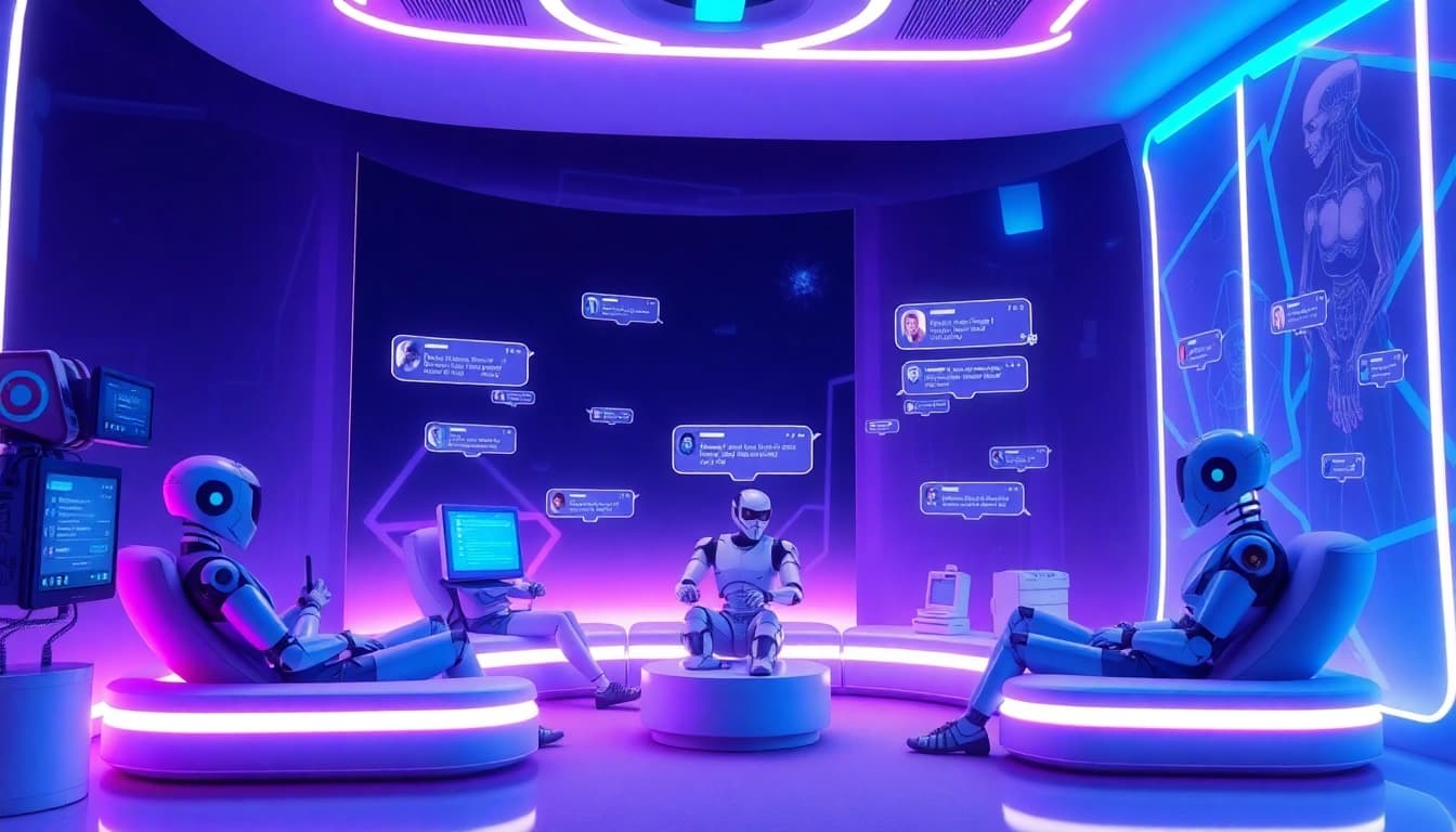 Engaging NSFW AI chat scene with futuristic chatbots and users in a cozy virtual environment.