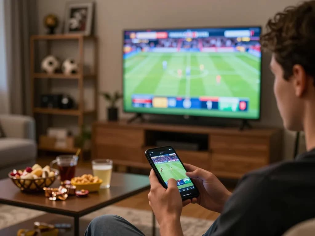 Person engaged in vipwin79 sports betting on smartphone in a cozy living room.