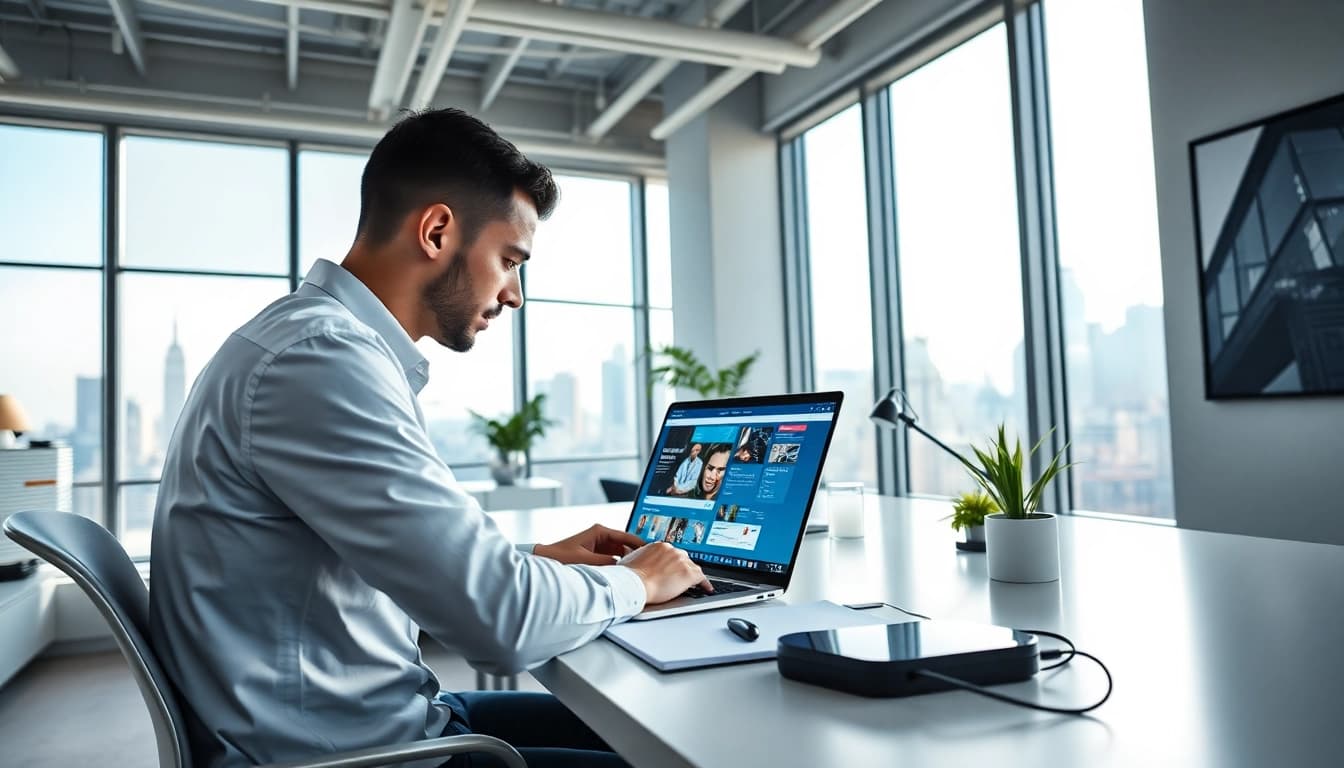 Professional workspace in NYC emphasizing custom website design, featuring a designer at work.