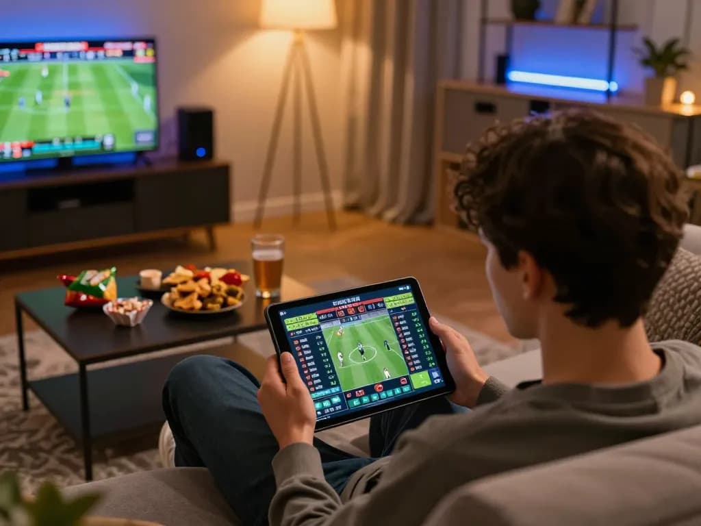 Engaging in keonhacai sports betting with live odds displayed on tablet, cozy home setup enhancing entertainment