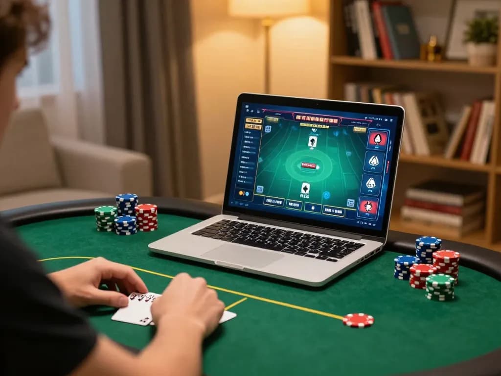 Virtual poker gameplay with a player at home using 79club on laptop, chips scattered around.