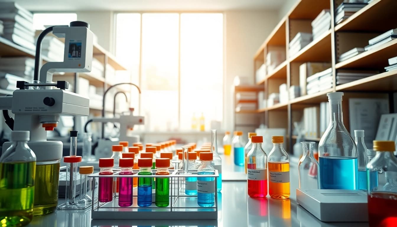 Fringe Pharmaceuticals showcased in a modern laboratory with vibrant vials and equipment.