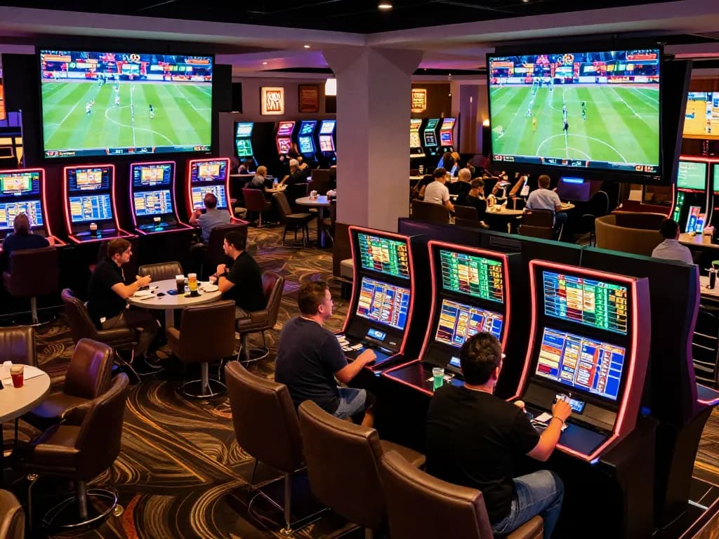 Engaged bettors analyzing kèo nhà cái hôm nay odds in a lively sports betting lounge.