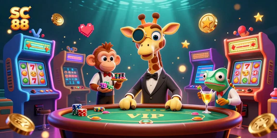 Engage in thrilling gameplay with SC 88 at a vibrant casino featuring unique animal characters and sparkling visuals.