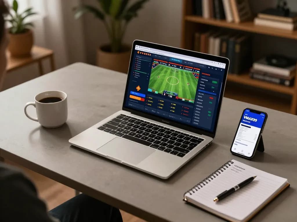 Engaging in online sports betting at VMAX99, displaying betting strategies and a relaxing atmosphere.