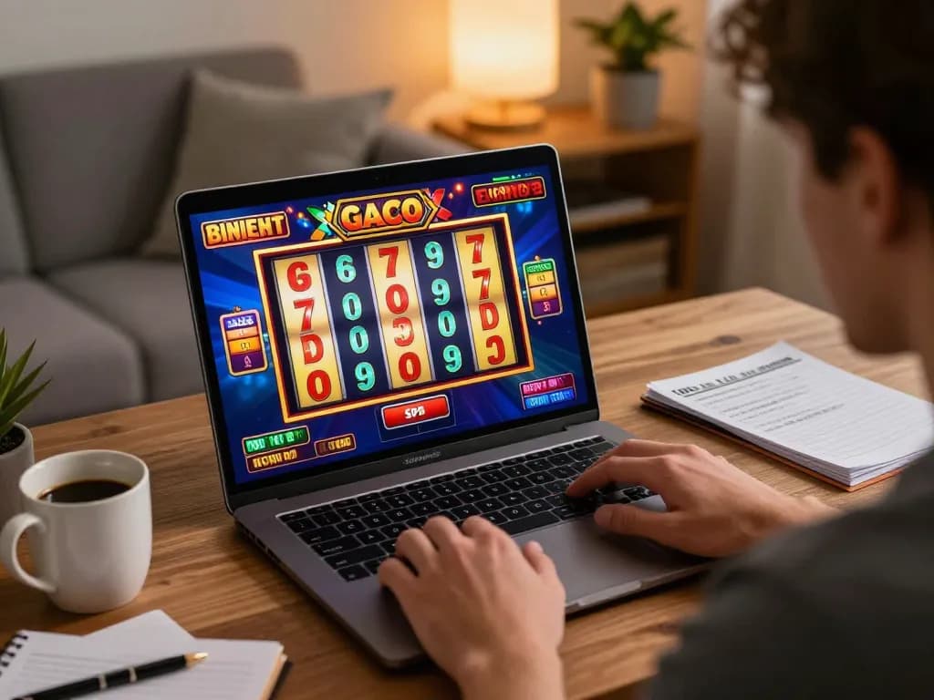 Player engaging with bright slot gaco reels in an inviting home setup, showcasing responsible gaming.