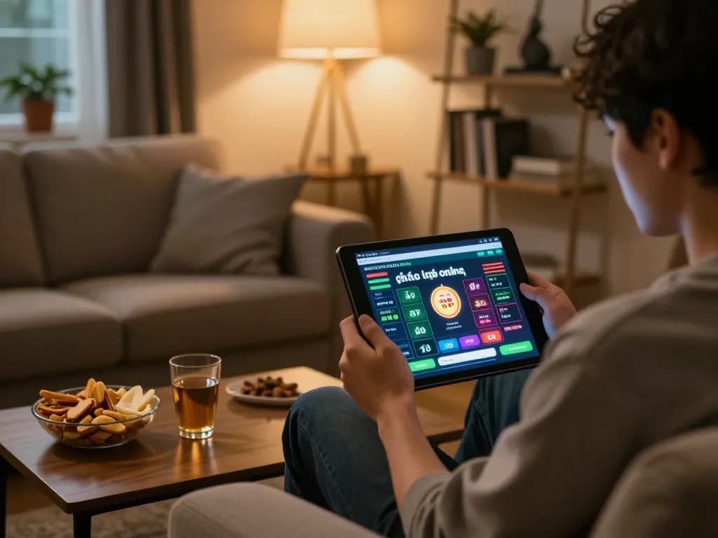Engaging in đánh lô đề online from home using a tablet, surrounded by snacks, showcasing responsible gaming.