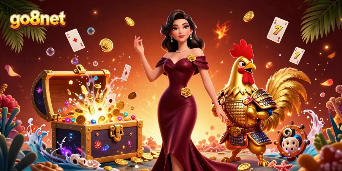 Win big at go8net with a glamorous woman and a golden rooster warrior in an explosive casino scene.
