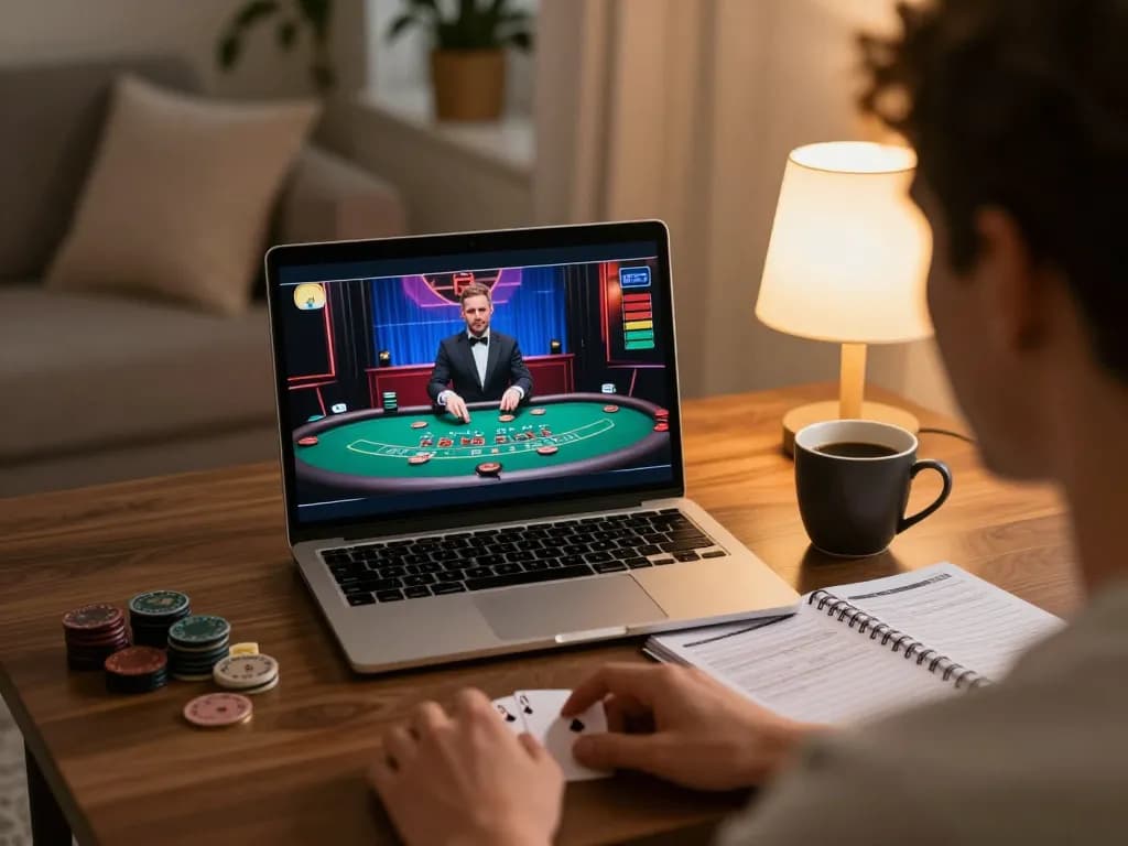Player enjoying rr88 online blackjack gameplay in cozy home setting with notes and coffee