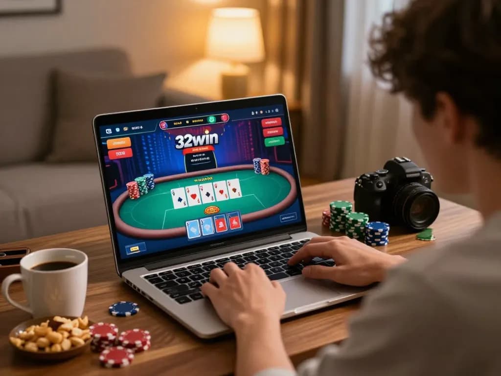 Player utilizing 32win online casino platform during a focused poker game at home.