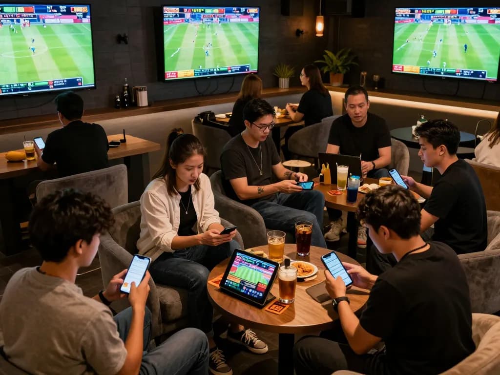 Betting enthusiasts enjoying the excitement of live sports on their devices at 888NEW's stylish lounge.