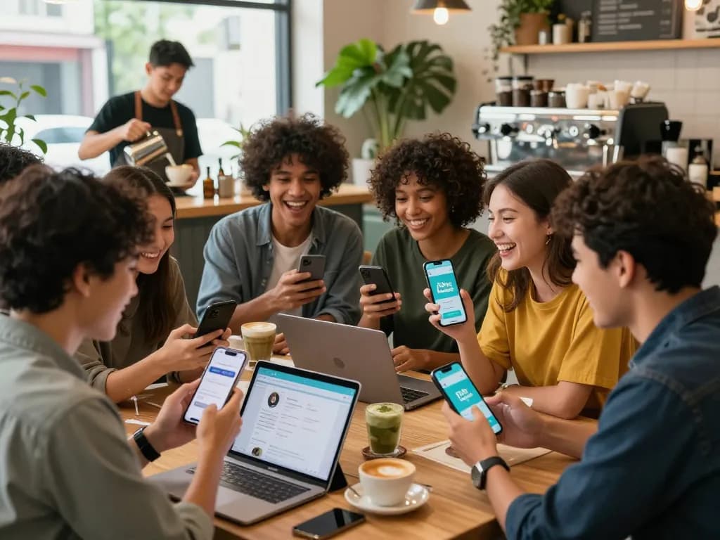 Friends downloading Tải app hubet88 in a lively café, showcasing tech and social interaction.
