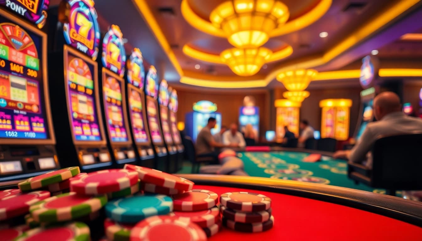 Engaging view of vibrant casino with GEEK THC gaming machines and players actively participating.