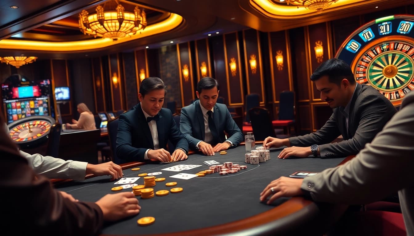 Play poker at https://iwin.cn.com/ in a luxurious casino atmosphere filled with glowing chips and cards.