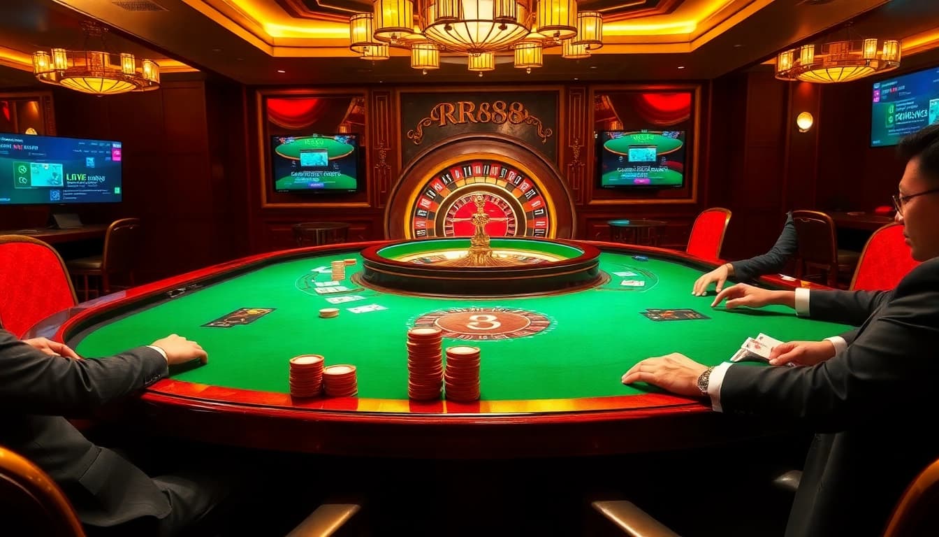 RR88 casino scene with vibrant poker table and roulette wheel, showcasing luxury and excitement