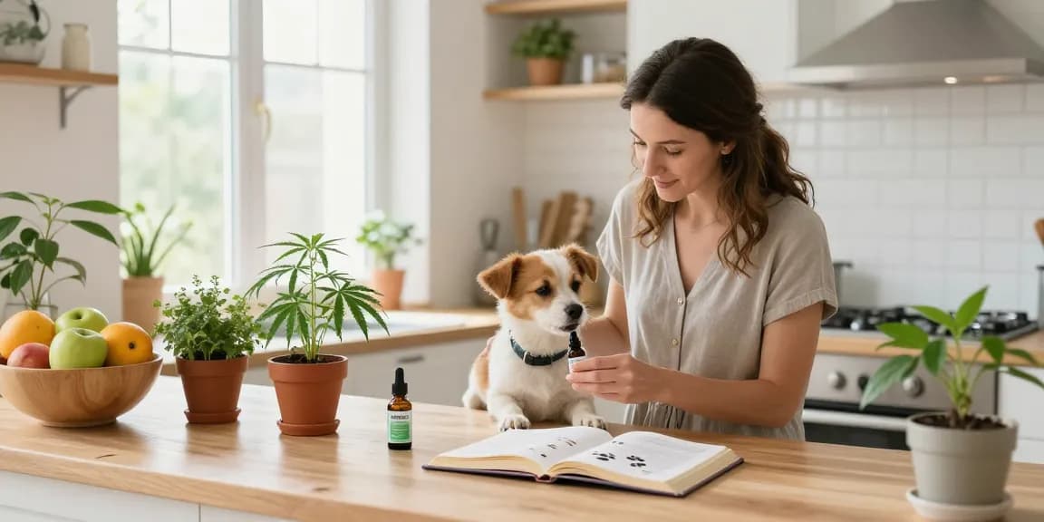 Hempworx pet CBD oil administration for pet wellness in a bright kitchen with fresh herbs.