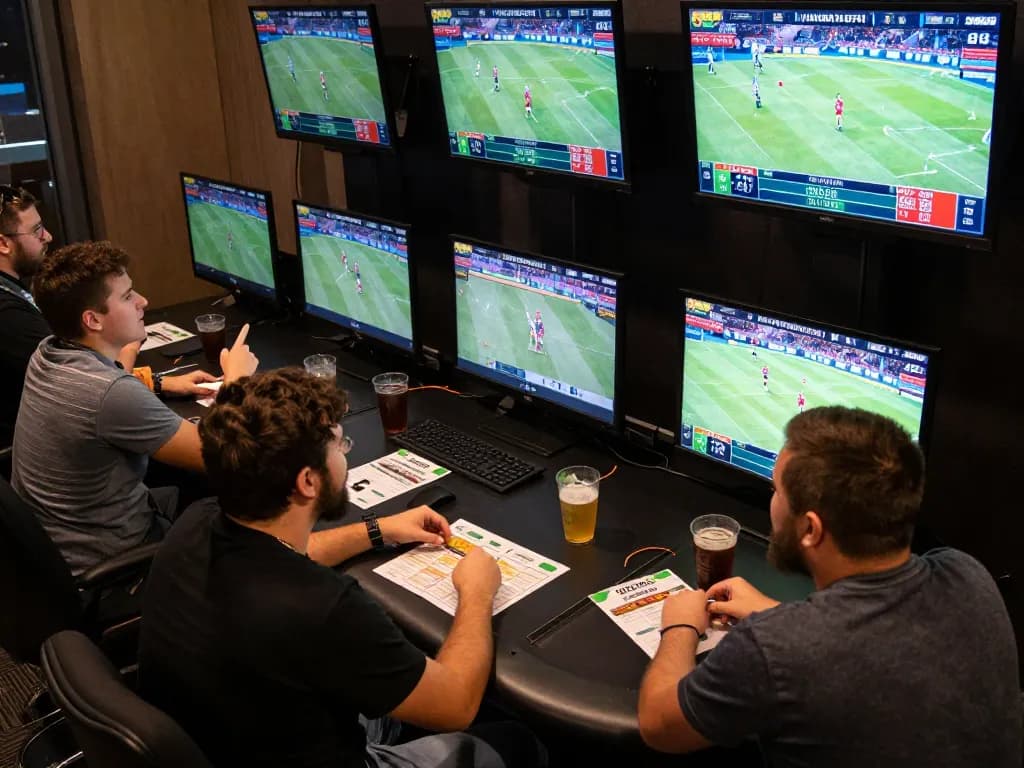 Fans enthusiastically placing bets at HB88 while watching live sports on screens.