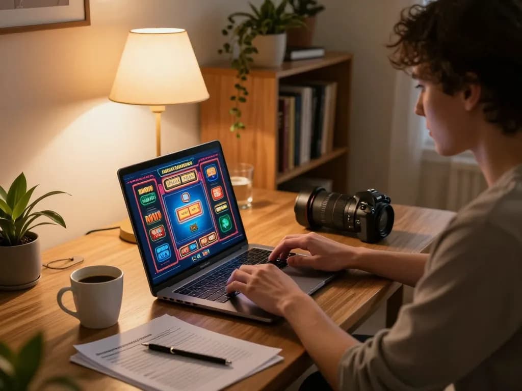 Person enjoys online gambling strategy at home using bags168 on sleek laptop, warm lighting.