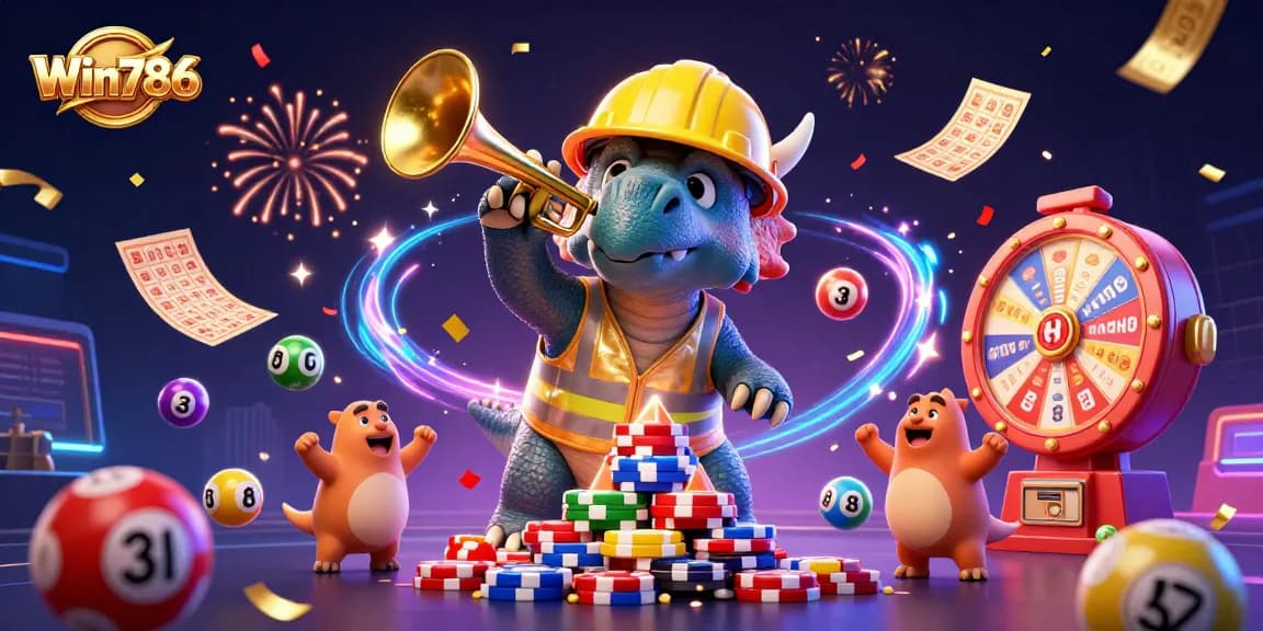 Win786 celebrates with a lively 3D scene of gaming characters, lottery elements, and vibrant casino visuals.