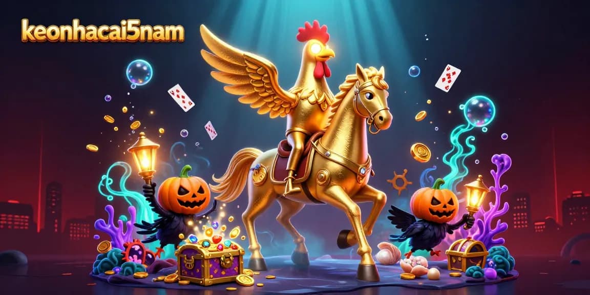 Engage in thrilling plays with keonhacai5nam as the golden rooster leads in a vibrant casino scene.