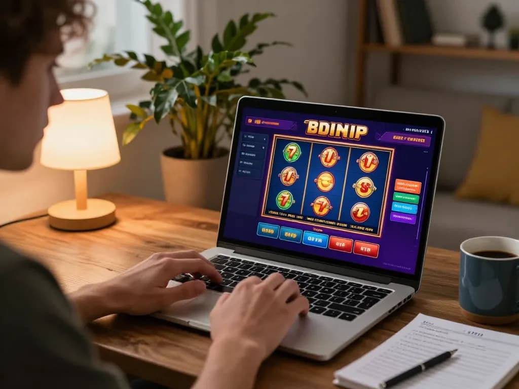 Engaging in online casino gameplay at home with 7hh platform showcased on laptop screen