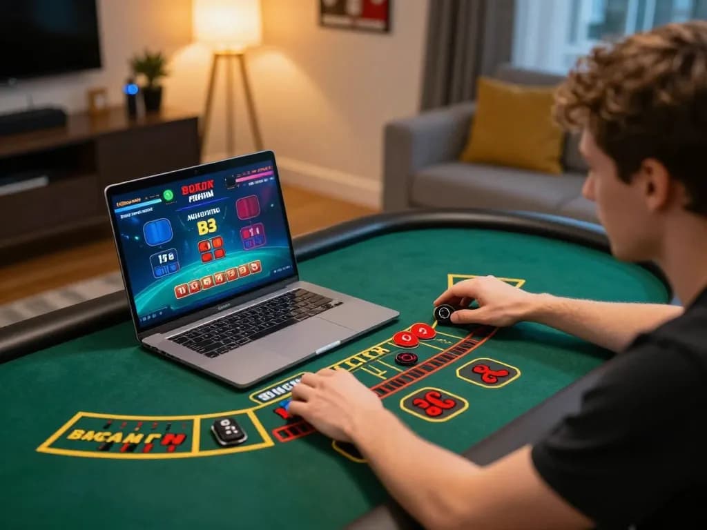 Engaging gameplay on xx88 asia as a player places bets at a live baccarat table on a laptop in a cozy home setting.