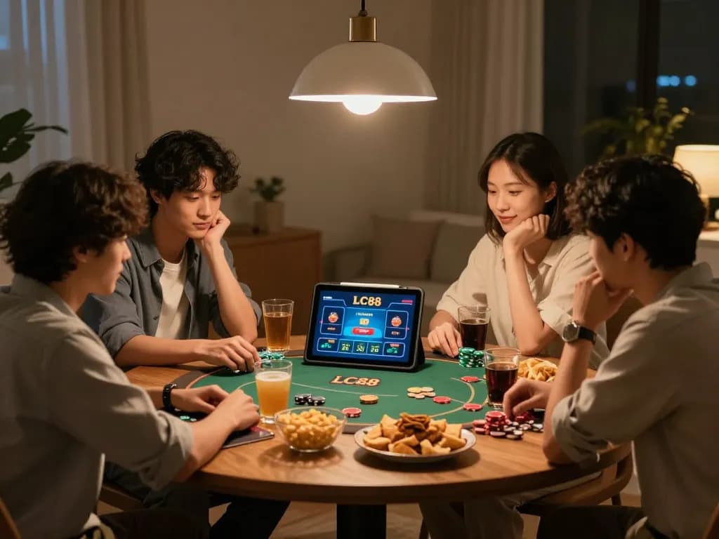 Engaging friends enjoying an online casino game at LC88, strategic play and friendly atmosphere.