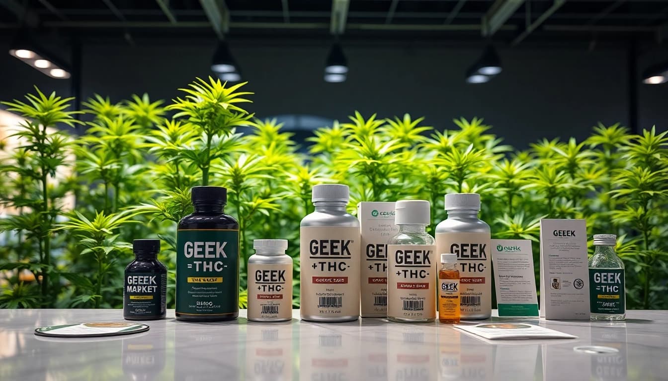 Explore GEEK THC product displays with vibrant cannabis plants in a lively setting.