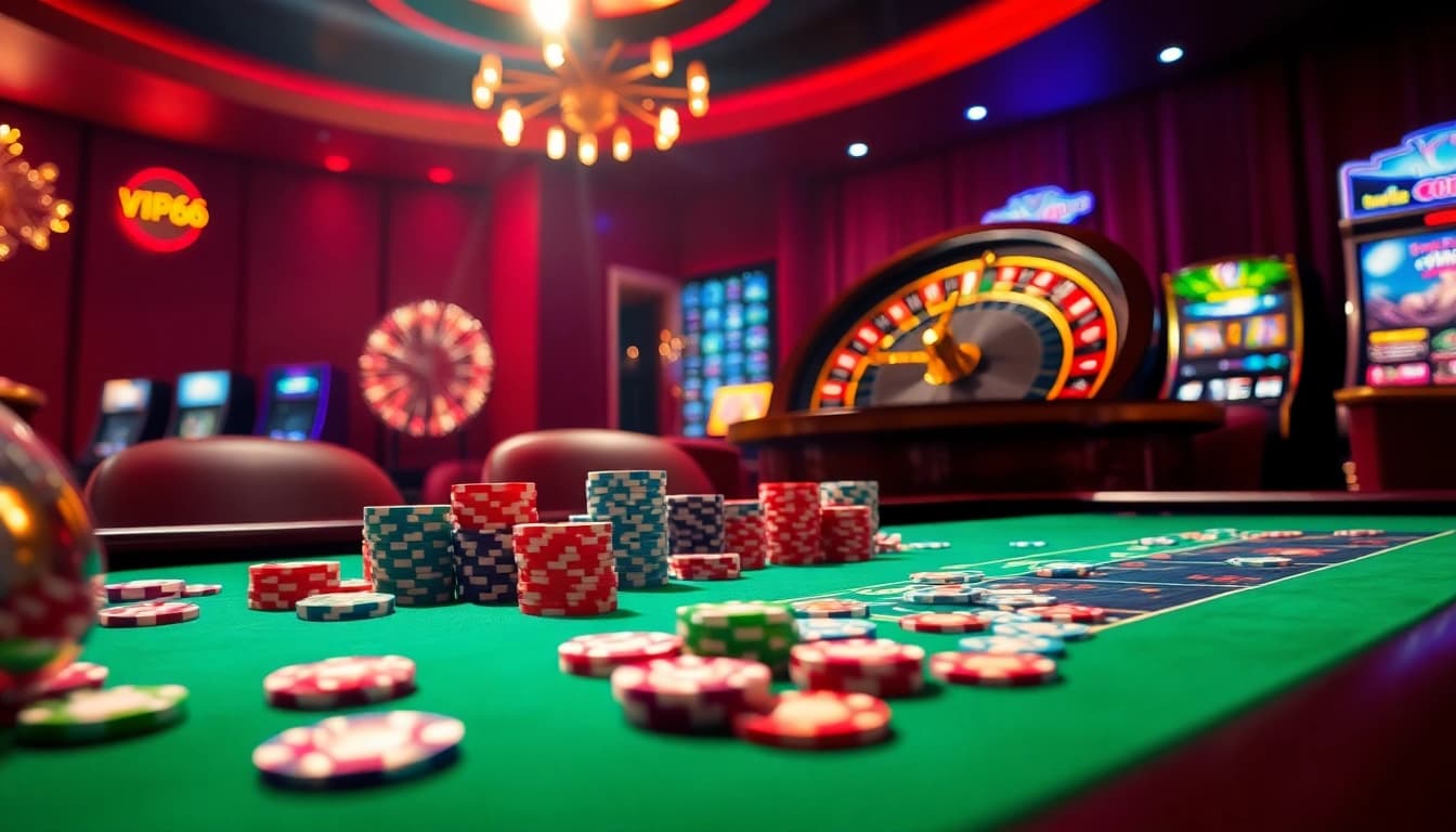 Experience the thrill of vip66 bet with engaging casino elements like poker chips and a roulette wheel.