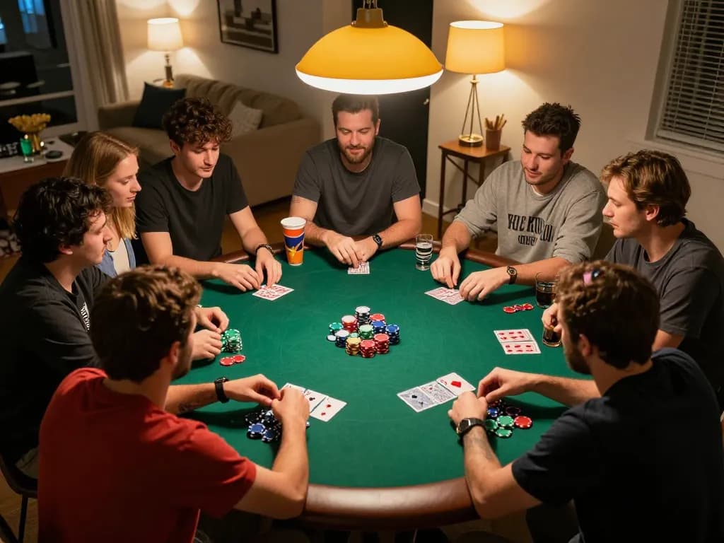 da88 players enjoying a lively poker night with chips and cards on the table in a cozy setting